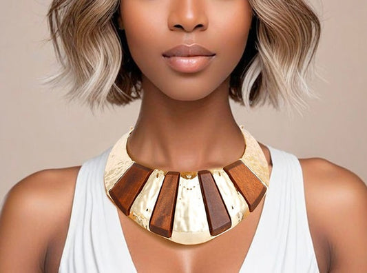 “Artistic Armor” Bold Gold and Brown Wood Statement Necklace