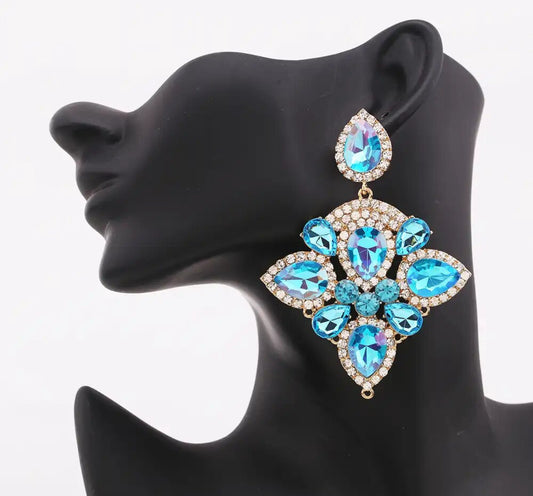 “Ashli” Blue Crystal Rhinestone Statement Pierced Earrings