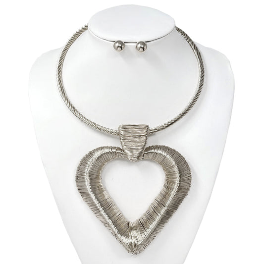 “CROSS MY HEART” SILVER WIRE WRAPPED HEART PENDANT NECKLACE SET