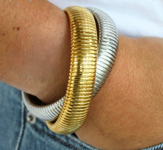 “Cobra” 2 Tone Silver and Gold Twisted Omega Stretch Bracelet