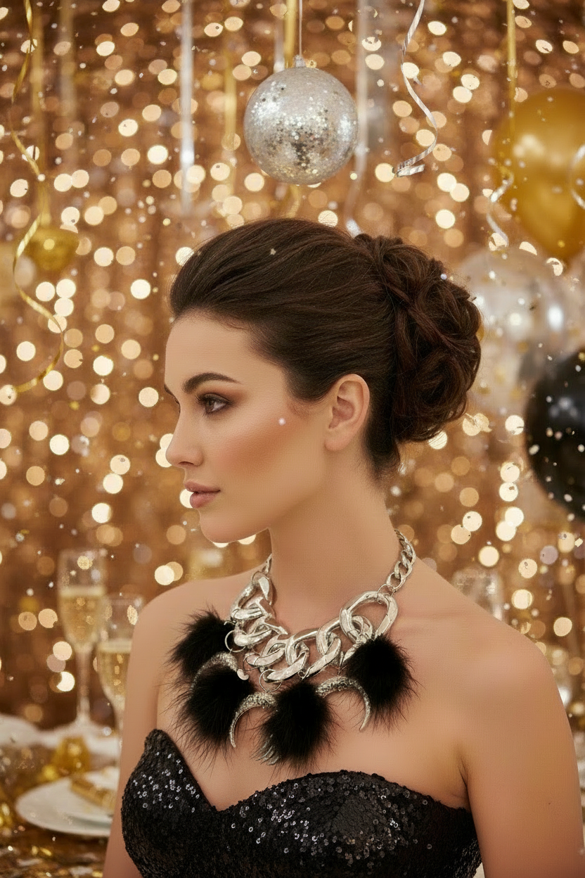 “One of a Kind” Silver Chunky Chain w/Black Feathered Fur Pendants Necklace Set