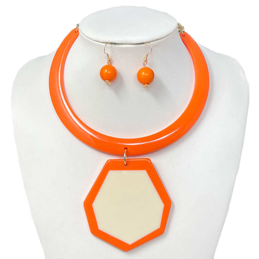 “Fun in the Sun” Orange Geometric Pendant Choker Necklace Set