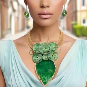 “Verdant Emerald” Green Resin Leaf Wire Tribal Pendant Necklace Set