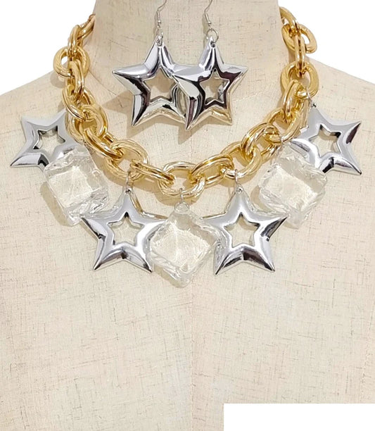 “She’s A Star” Gold and Silver Star Pendant Chain Necklace Set