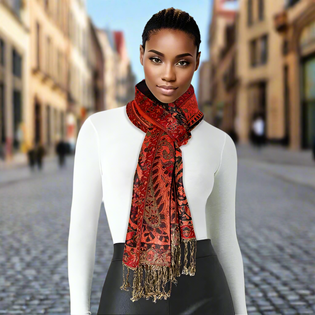 “Parker” Pashmina Red and Black Paisley Fringe Scarf