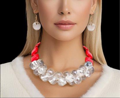 “The Bubble Queen” Red Bubble Square Bead Necklace Set