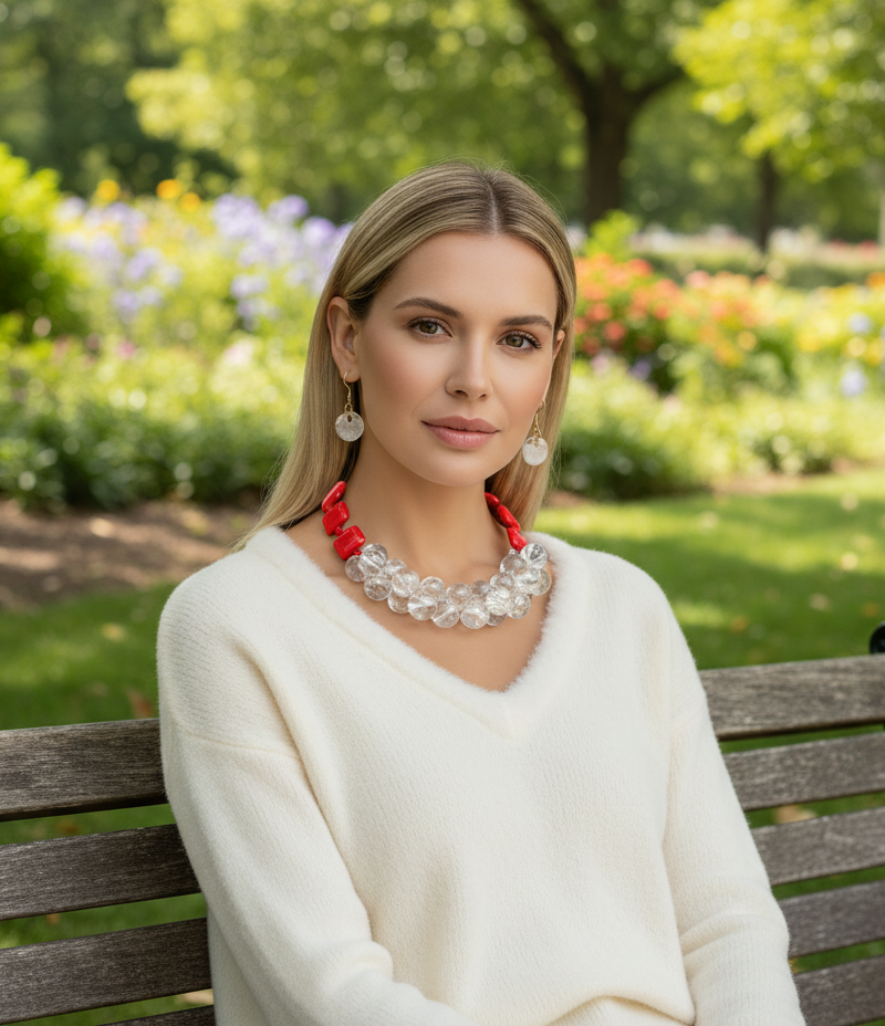 “The Bubble Queen” Red Bubble Square Bead Necklace Set