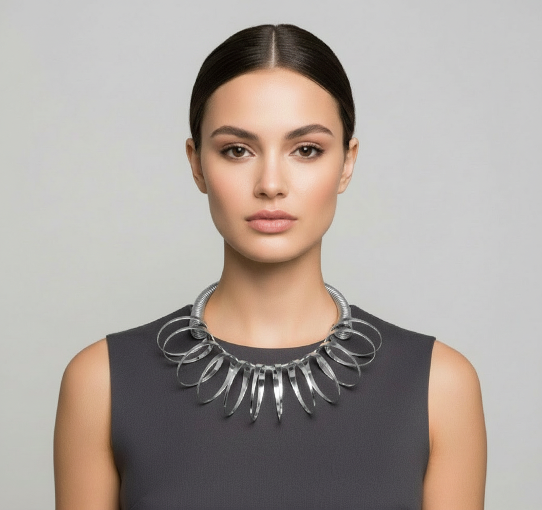 “Going in Circles” Silver Metal Coiled Collar Necklace Set