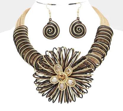 “CARMEN” GOLD AND BLACK METAL WIRE COIL FLOWER DESIGN NECKLACE SET
