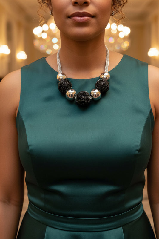 “NEENA” CHUNKY BLACK AND SILVER MESH WRAPPED STONES AND BALL NECKLACE