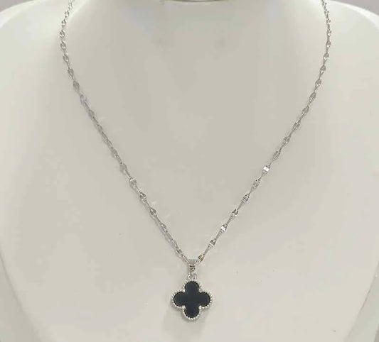 Black Onyx Clover Charm Silver Necklace