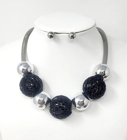 “NEENA” CHUNKY BLACK AND SILVER MESH WRAPPED STONES AND BALL NECKLACE