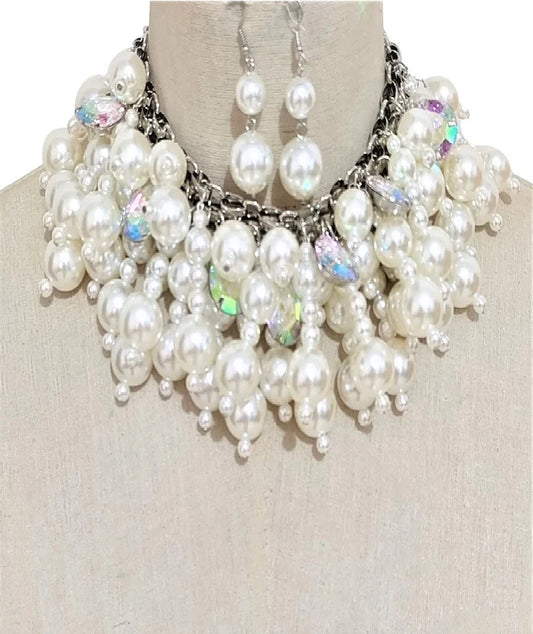 “Ms. Nannie” CHUNKY WHITE LAYERED PEARL NECKLACE SET