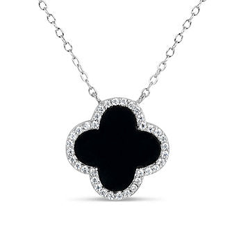 Black Onyx Clover Charm Silver Necklace