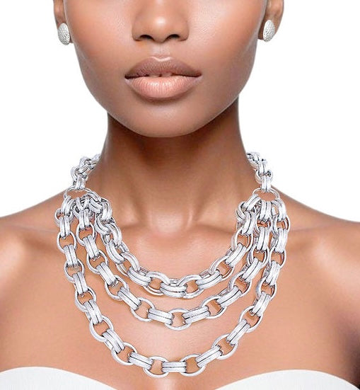 "Glamorous Layers" Silver Double Link Layered Necklace Set