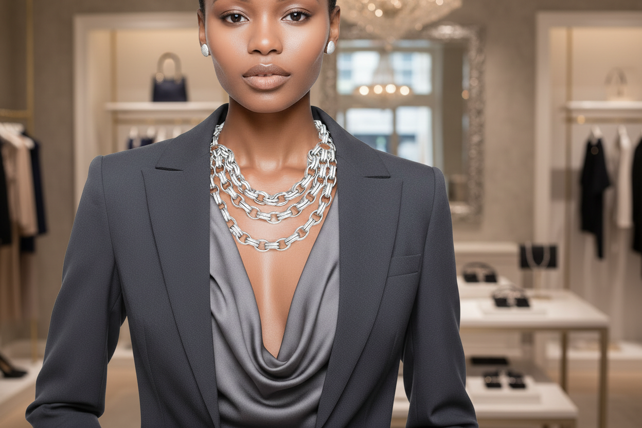 "Glamorous Layers" Silver Double Link Layered Necklace Set