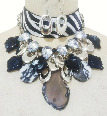 “Madison” Zebra Print Cluster Stone Choker Necklace Set