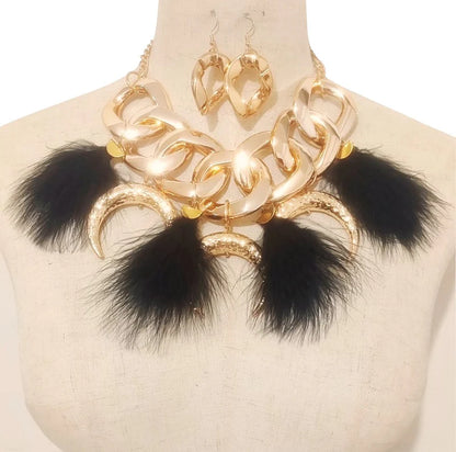 “One of a Kind” Gold Chunky Chain w/Black Feathered Fur Pendants Necklace Set