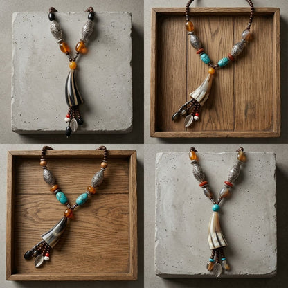 Real Buffalo Horn & Engraved Silver Necklace