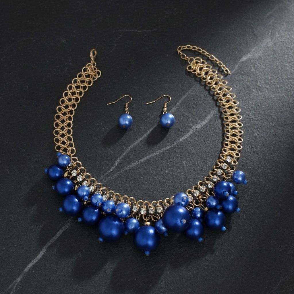 Clustered Blue Pearl Woven Cable Chain Necklace