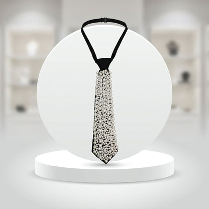 Allover White Pearl Studded Black Necktie Necklace