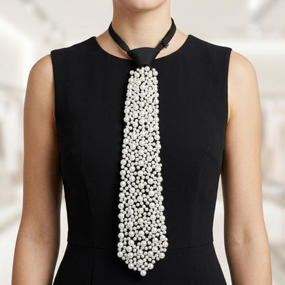 Allover White Pearl Studded Black Necktie Necklace