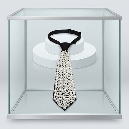 Allover White Pearl Studded Black Necktie Necklace