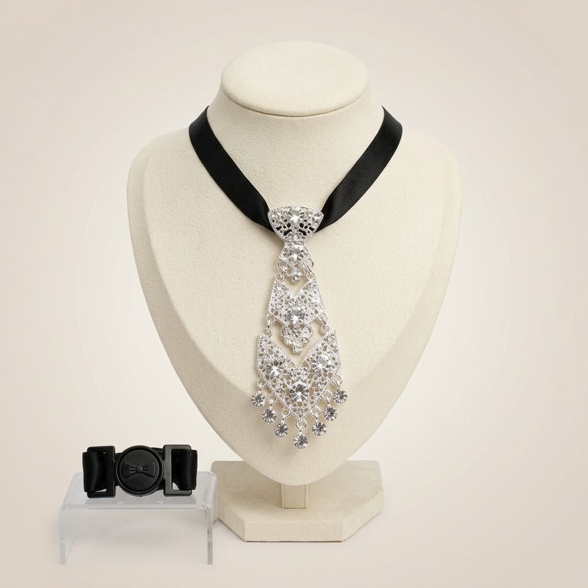 Silver Filigree Rhinestone Necktie Choker Necklace