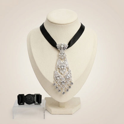 Silver Filigree Rhinestone Necktie Choker Necklace