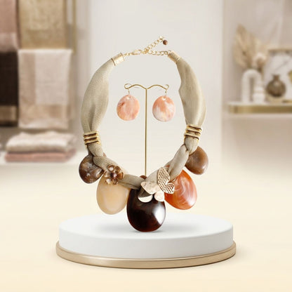 Gold Mesh Marble Brown Teardrop Butterfly Necklace