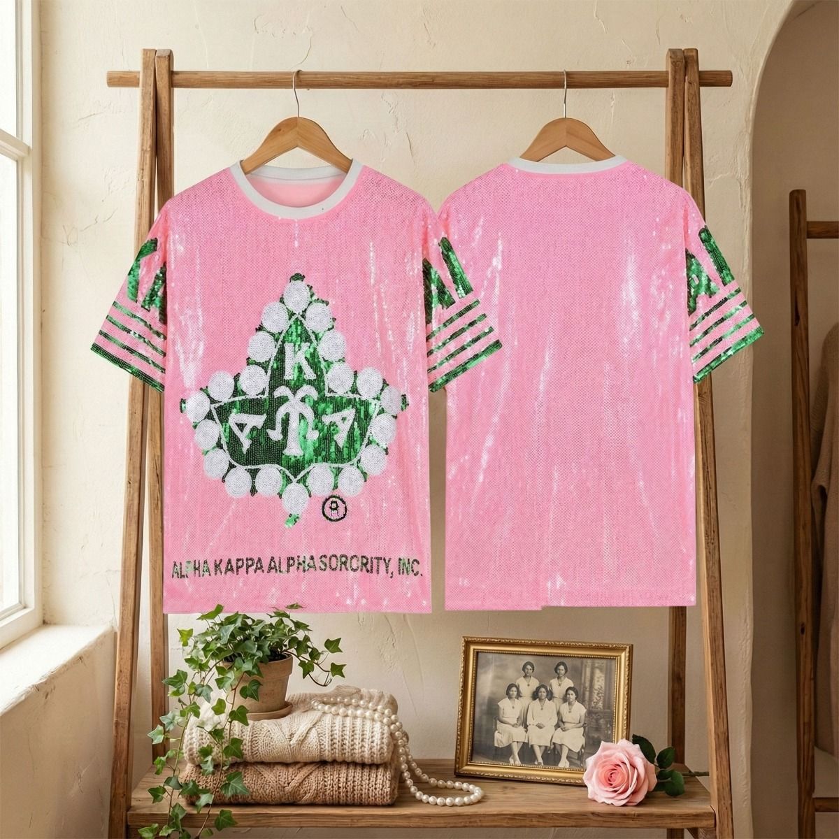AKA Sorority Pink Ivy Leaf Sequin Jersey Shirt