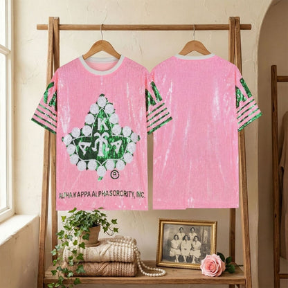 AKA Sorority Pink Ivy Leaf Sequin Jersey Shirt