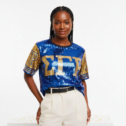 SGRHO Sorority Blue and Gold Sequin Jersey Shirt