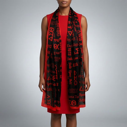 DST Long Black and Red Graphic Rectangle Scarf