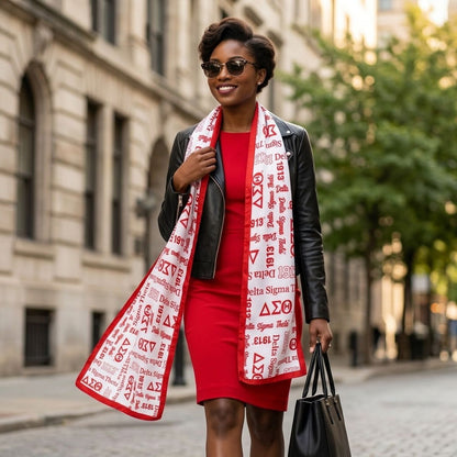 DST Long White and Red Graphic Rectangle Scarf