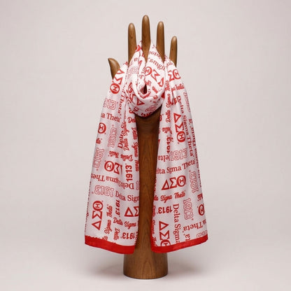 DST Long White and Red Graphic Rectangle Scarf
