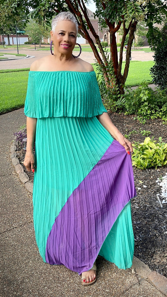 “Prissy” Green and Purple Pleated Off Shoulder Maxi Dress