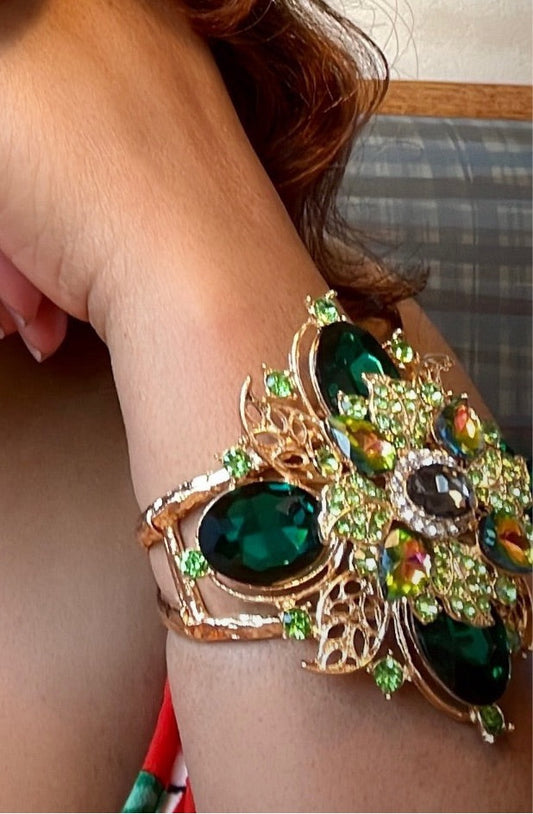 “Genevieve” Green Filigree Crystal Flower Cuff Bracelet