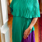 “Prissy” Green/Purple Pleated Off Shoulder Maxi Dress