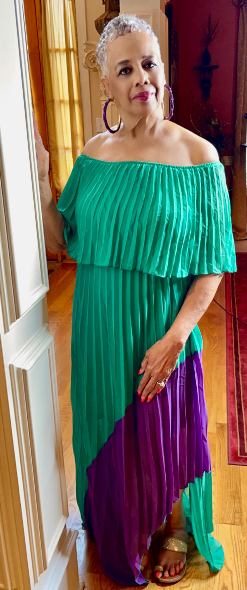 “Prissy” Green and Purple Pleated Off Shoulder Maxi Dress Size XL(12)