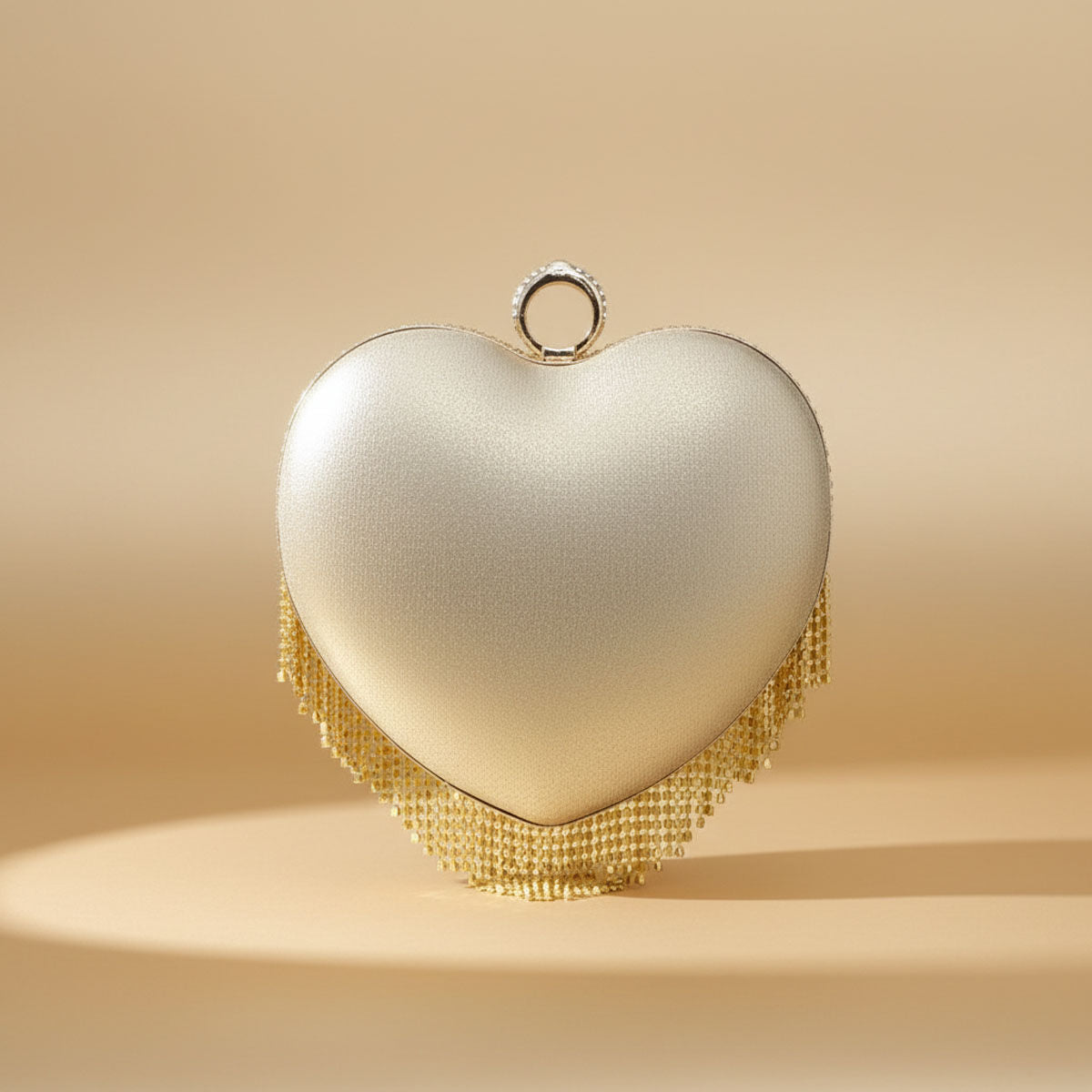 Clutch Gold Rhinestone Fringe Heart Hardcase Bag