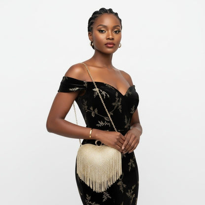 Clutch Gold Rhinestone Fringe Heart Hardcase Bag