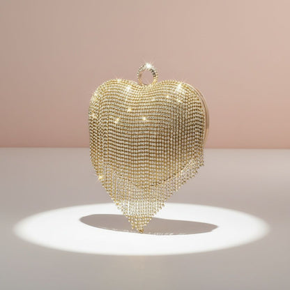 Clutch Gold Rhinestone Fringe Heart Hardcase Bag