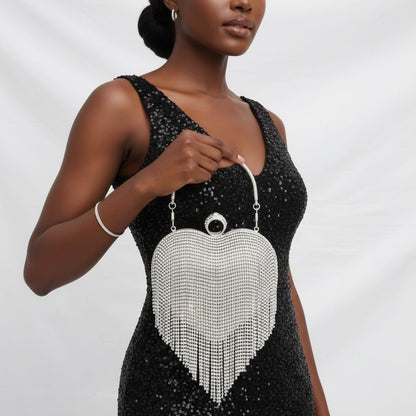 Clutch Silver Rhinestone Fringe Heart Hardcase Bag