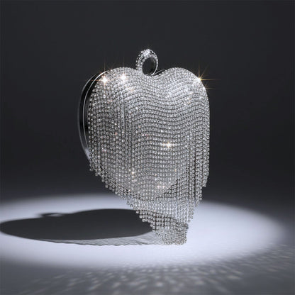Clutch Silver Rhinestone Fringe Heart Hardcase Bag