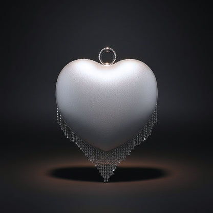 Clutch Silver Rhinestone Fringe Heart Hardcase Bag