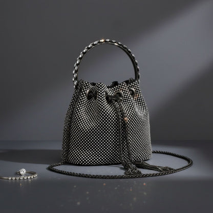 Bucket Bag Black Rhinestone Mesh Crystal Clutch