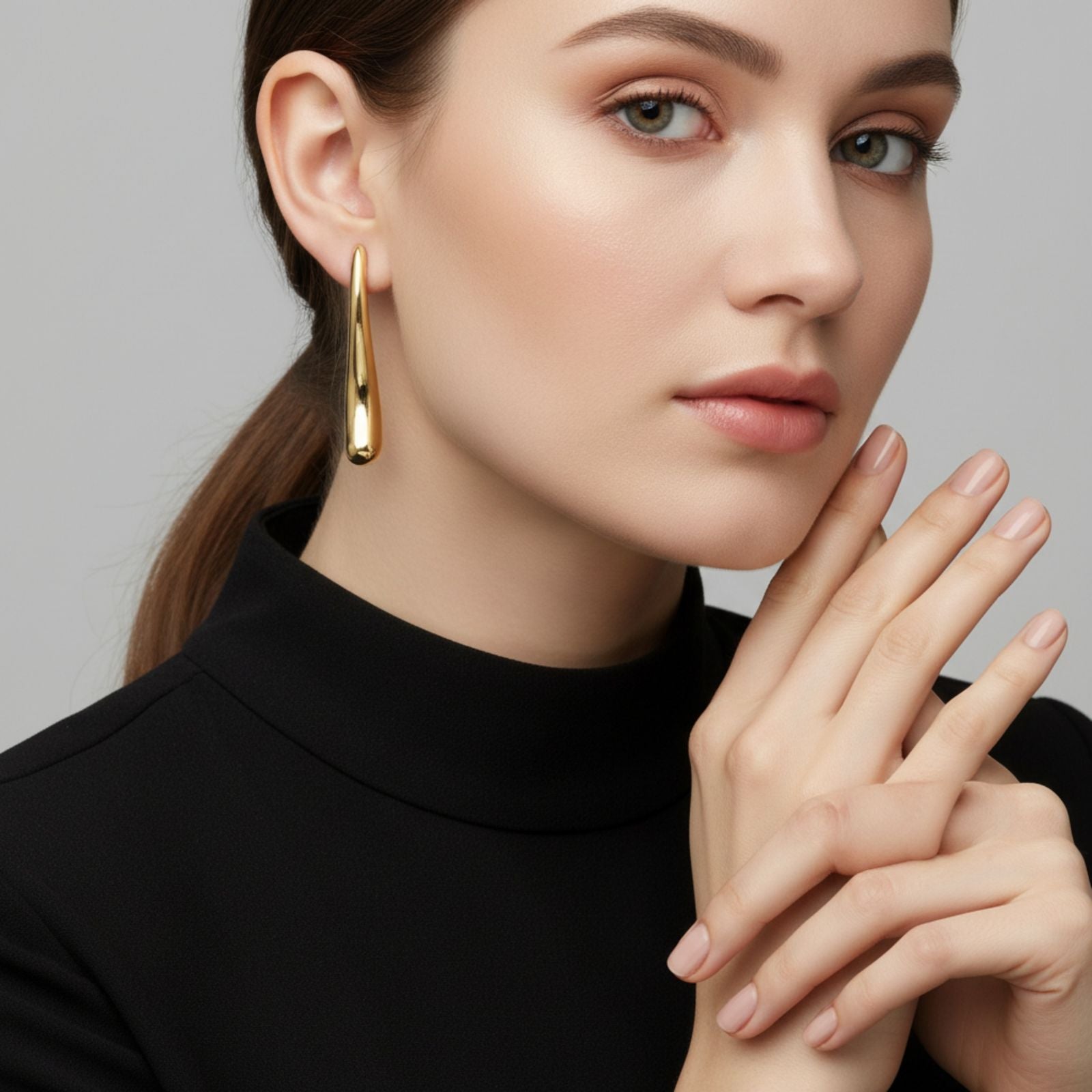 Stud 18K Gold Steel Curved Long Teardrop Earrings