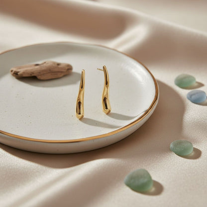 Stud 18K Gold Steel Curved Long Teardrop Earrings