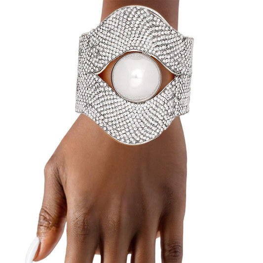 Cuff Gatsby Era Ornate Stone Pearl Silver Bracelet